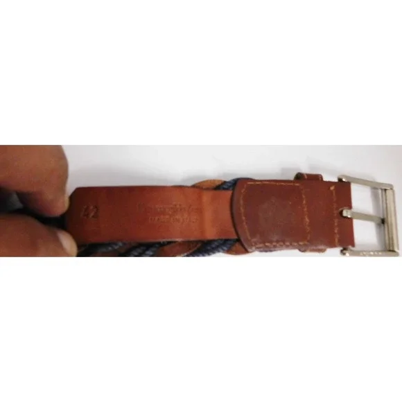 Ermenegildo Zegna Belt 42 Brown Braided Leather Blue Fabric Belt Silver Buckle